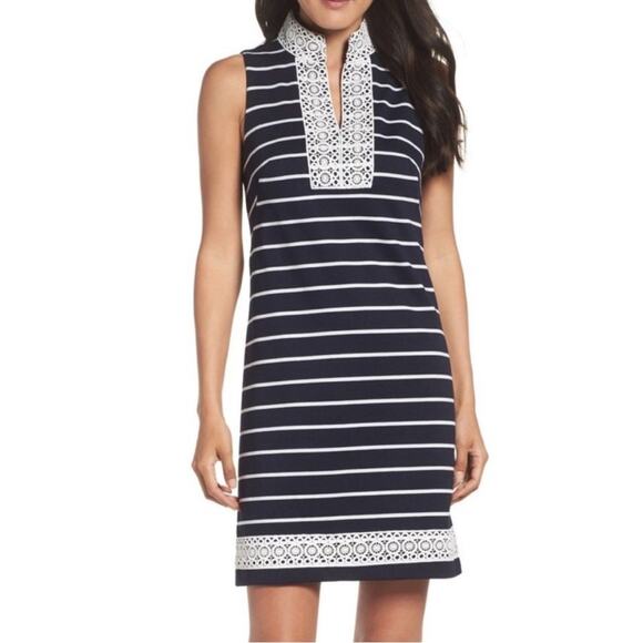 Eliza J Mandarin Collar Shift Dress Navy and White Striped Size 14 - Picture 1 of 9